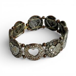 Beaded Heart Stretch Bracelet Hammered Metal Beads Rhinestones